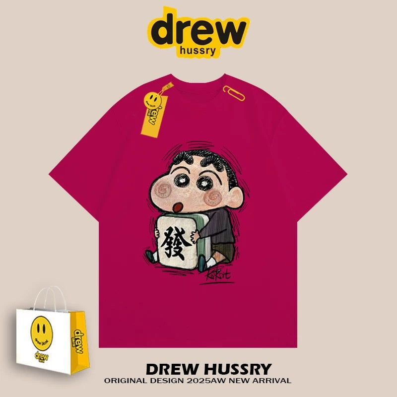 drew American mahjong crayon shinchan short-sleeved t-shirt men and women ins loose summer heavy cotton casual couple wear