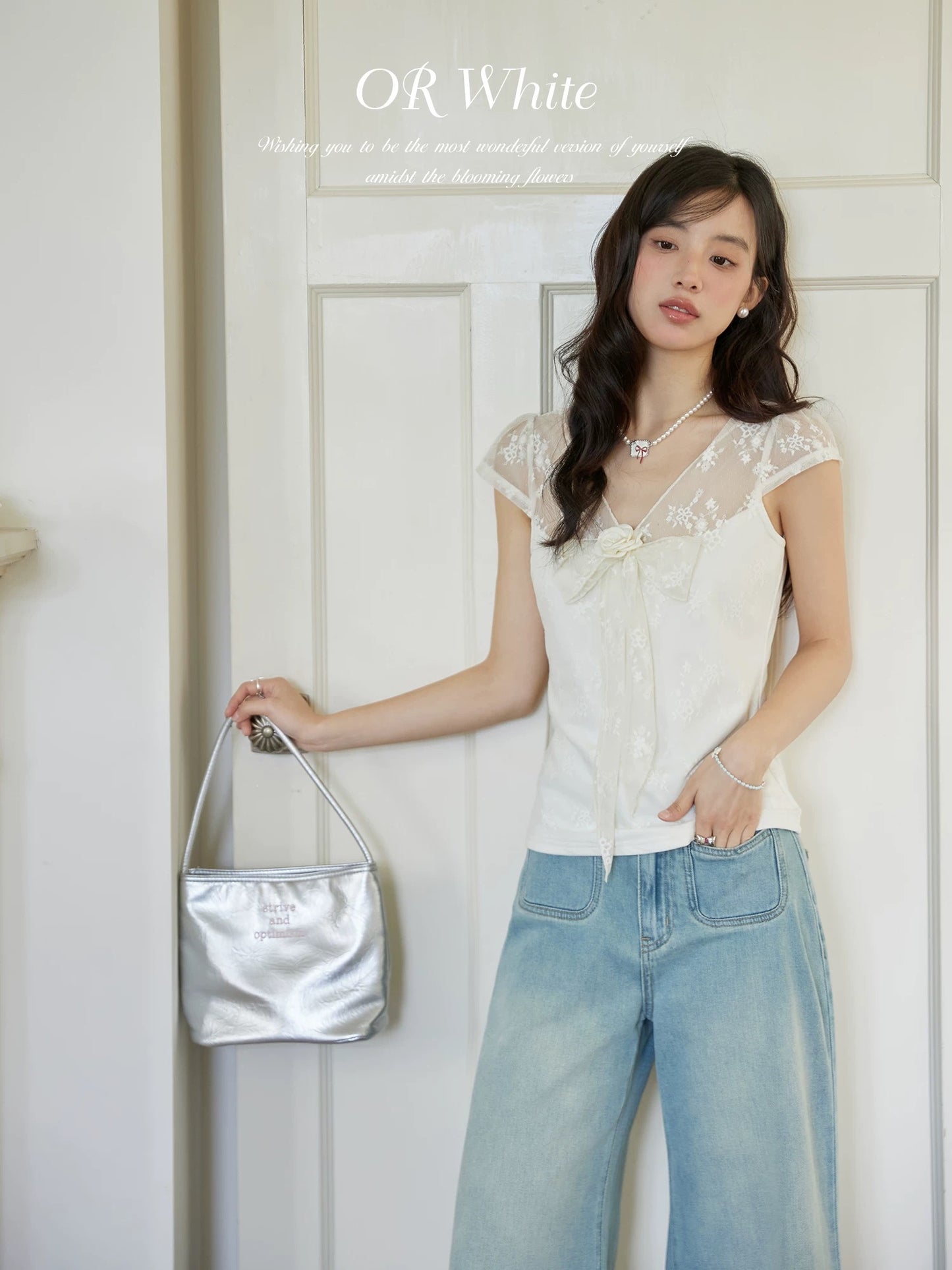 ORWhite French style large V-neck shirt female lace bow design niche commuting thin short sleeves