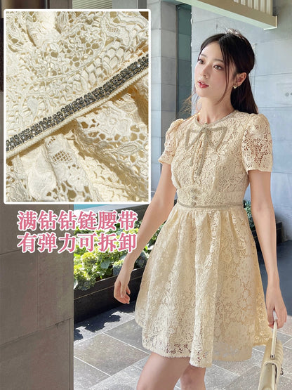 Tang Yixin's same style dress white lace diamond bow 2024 spring and summer high waist slim princess dress A-line skirt