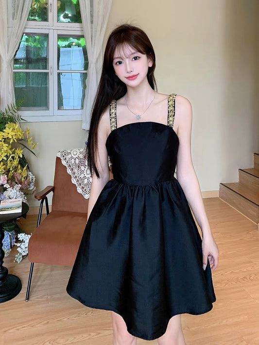 Kim Ji-soo Jisoo same style dress gold diamond suspender skirt tutu skirt princess dress little black dress 2024 summer short skirt