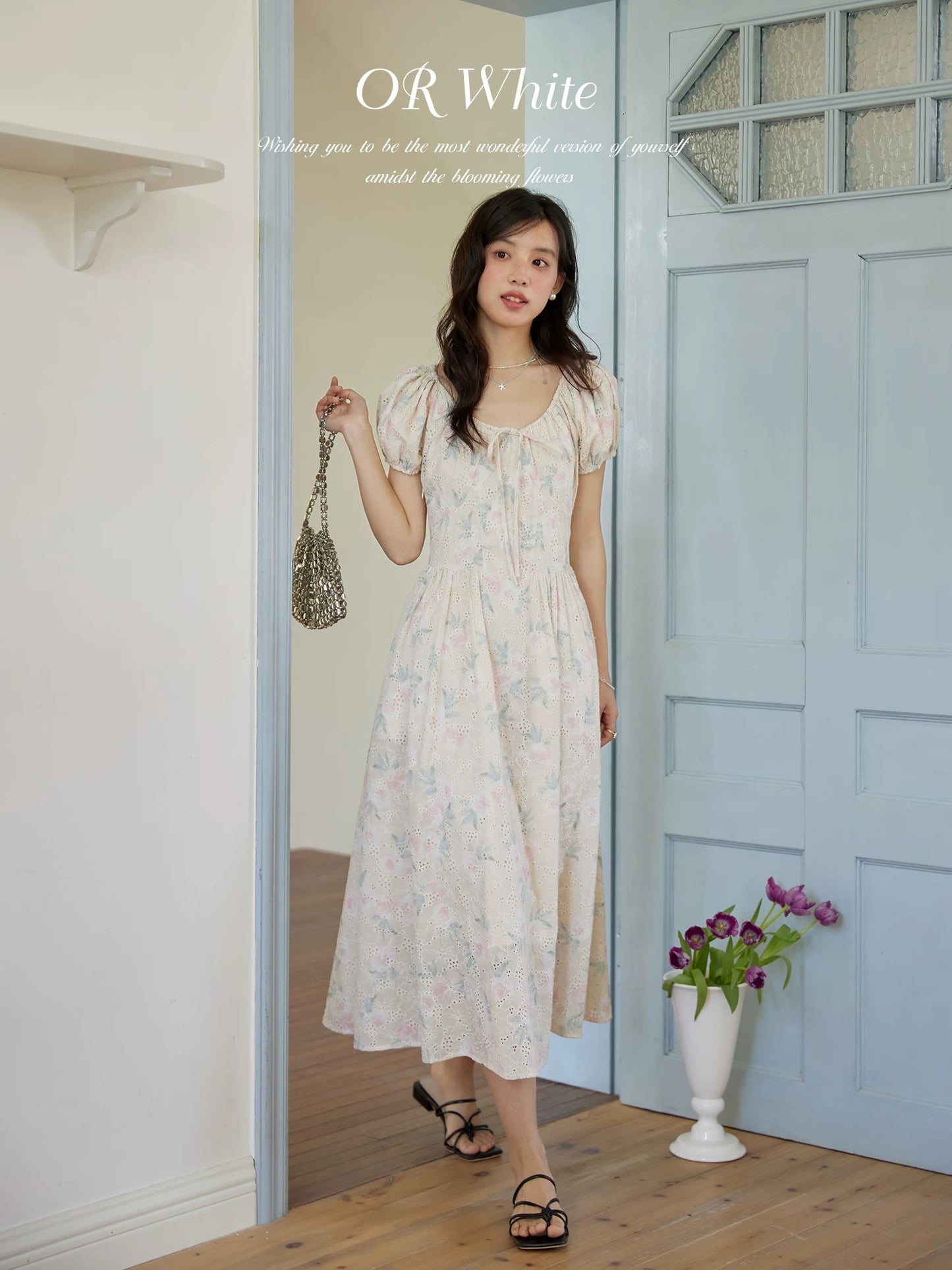 ORWhite French retro floral dress women's summer mid-length hollow design high waist slim holiday dress