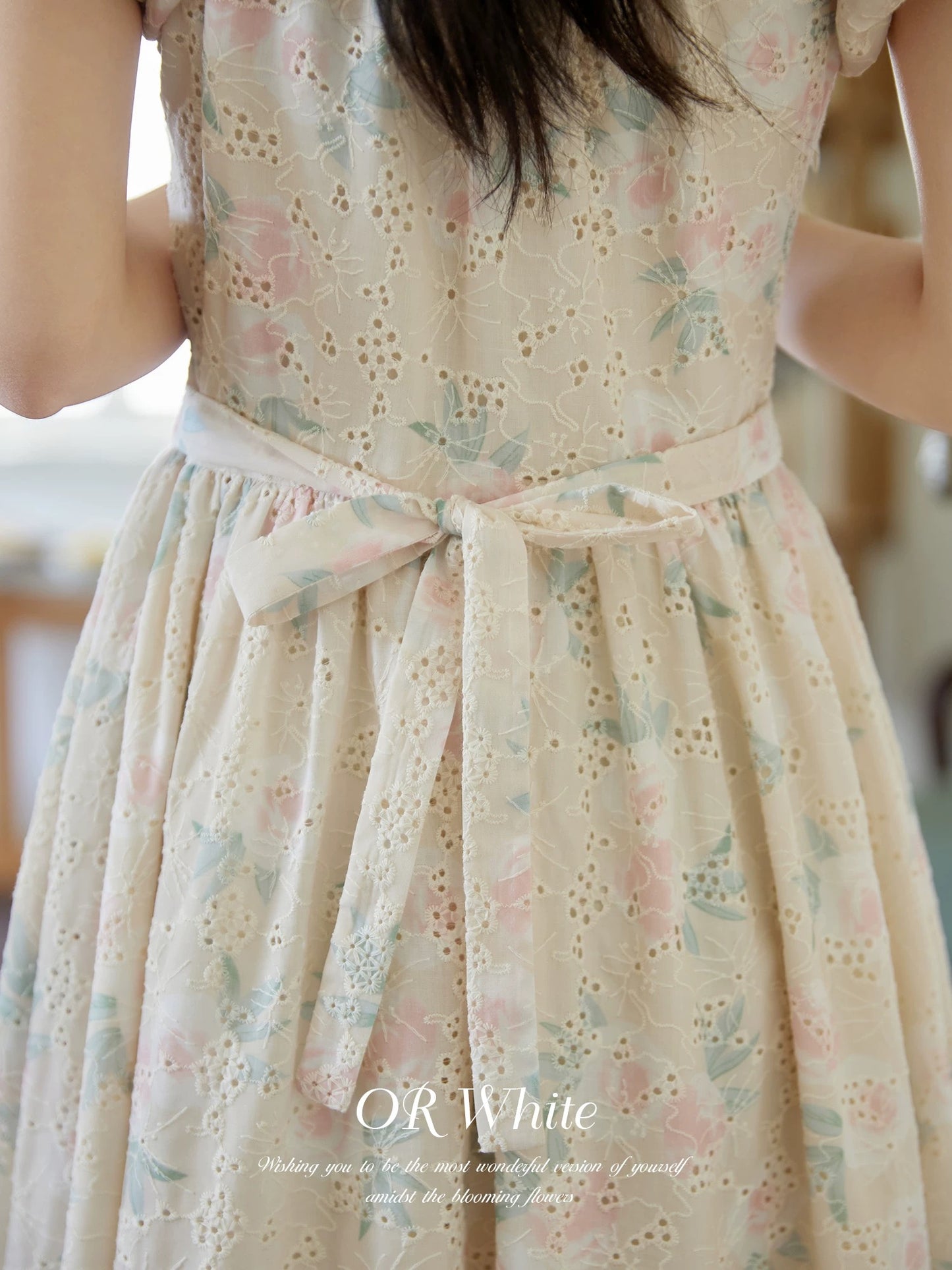 ORWhite French retro floral dress women's summer mid-length hollow design high waist slim holiday dress