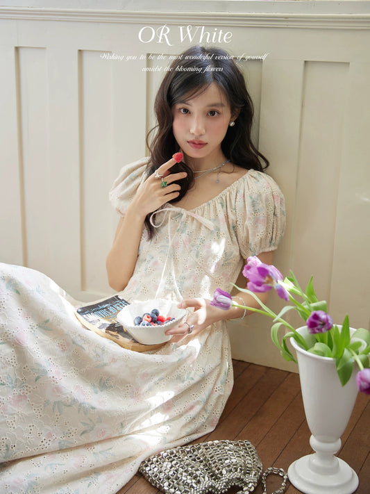ORWhite French retro floral dress women's summer mid-length hollow design high waist slim holiday dress
