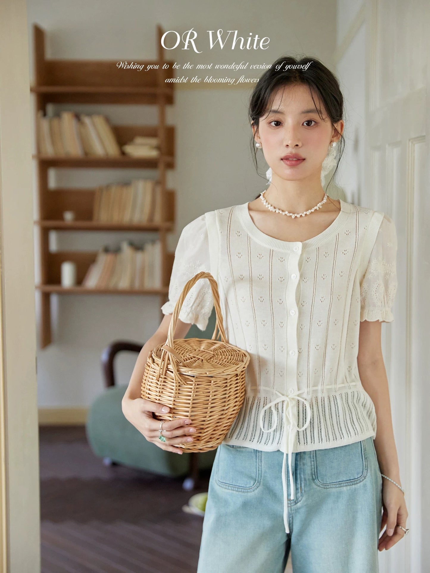ORWhite French retro sweater for women in summer beige hollow bow tie short sleeve thin style