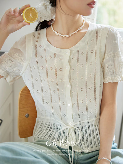 ORWhite French retro sweater for women in summer beige hollow bow tie short sleeve thin style