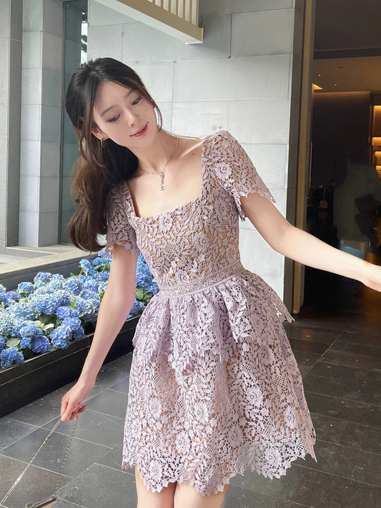 Lilac Purple Lace Dress French Socialite Square Neck Slim-fitting Short Sleeves Slim and Sweet 2024 Spring and Summer Women's Short Skirt