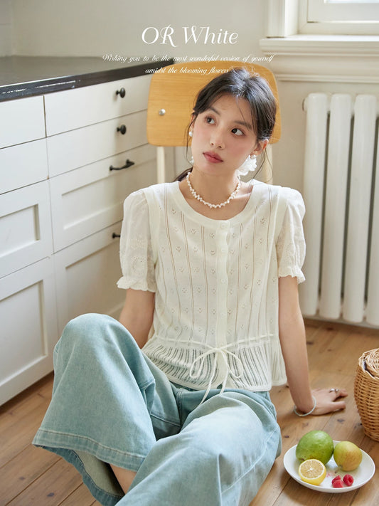 ORWhite French retro sweater for women in summer beige hollow bow tie short sleeve thin style
