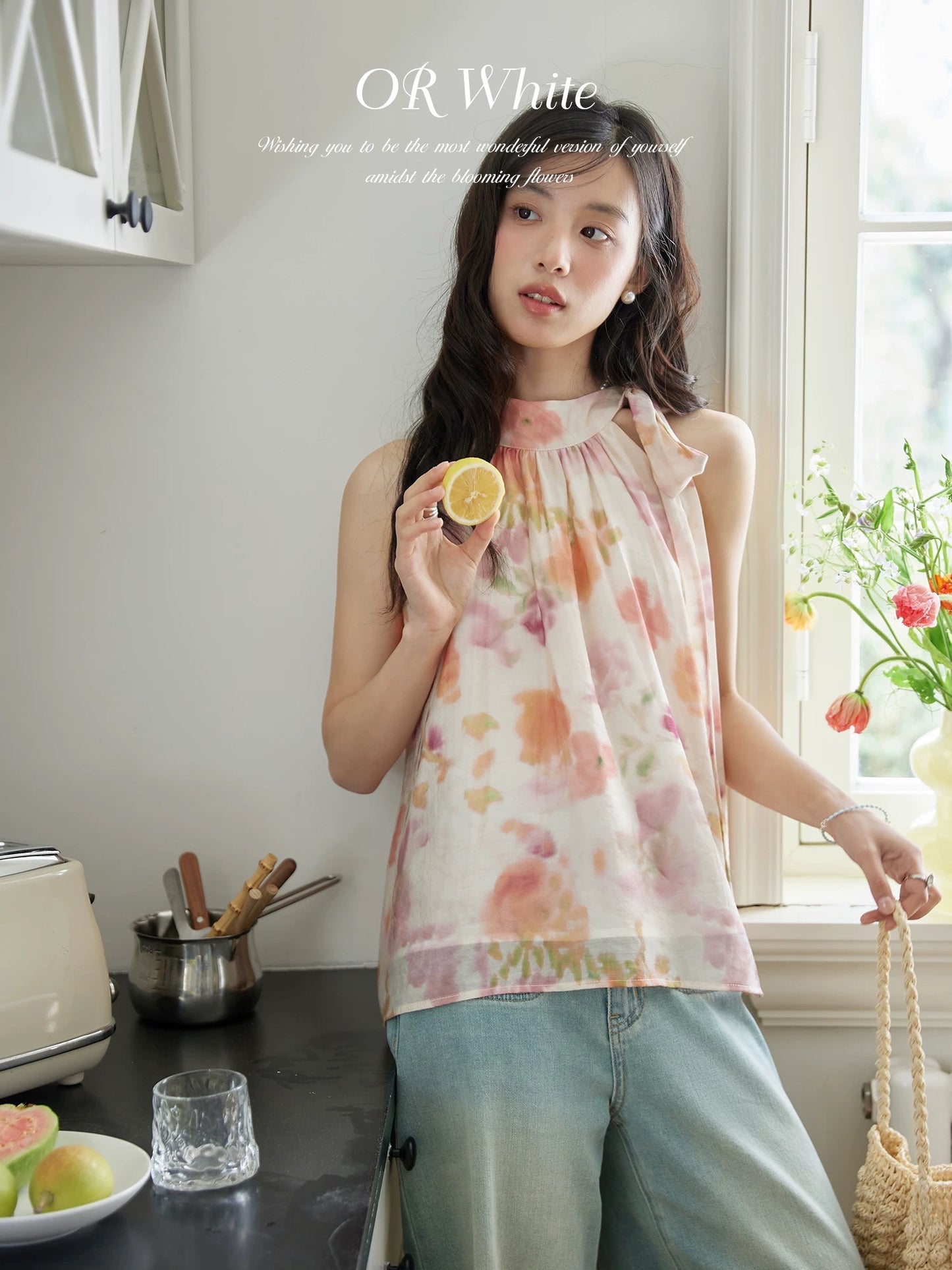 ORWhite French retro floral shirt women's sleeveless halter neck Tencel top summer thin