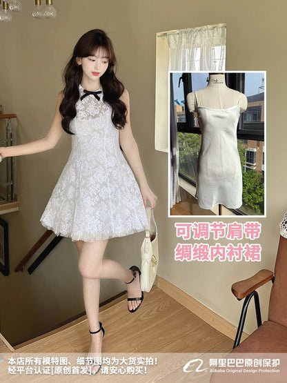 Star's same dress black and white lace bow sleeveless mesh skirt princess dress 2024 spring and summer tutu skirt