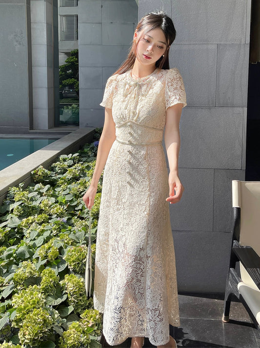 Tang Yixin's same style dress ivory white lace diamond embellished bow 2024 spring and summer women's high waist slim midi skirt