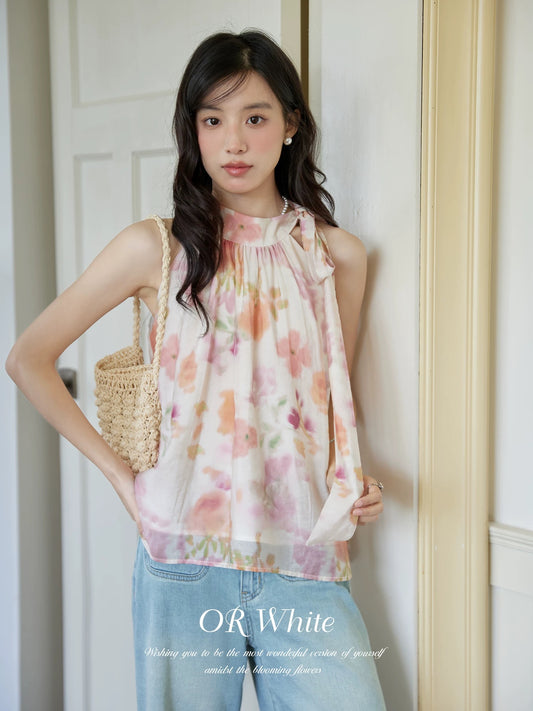 ORWhite French retro floral shirt women's sleeveless halter neck Tencel top summer thin
