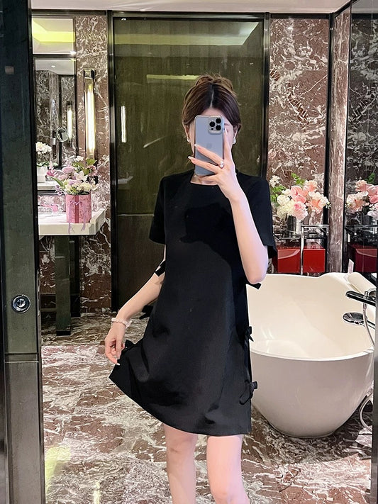Ladylike temperament bow black acetate dress new high-end light luxury women's dress for small people