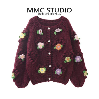 MMC loose lazy style heavy industry hand-woven contrasting three-dimensional flower love ball thickened knitted cardigan for women