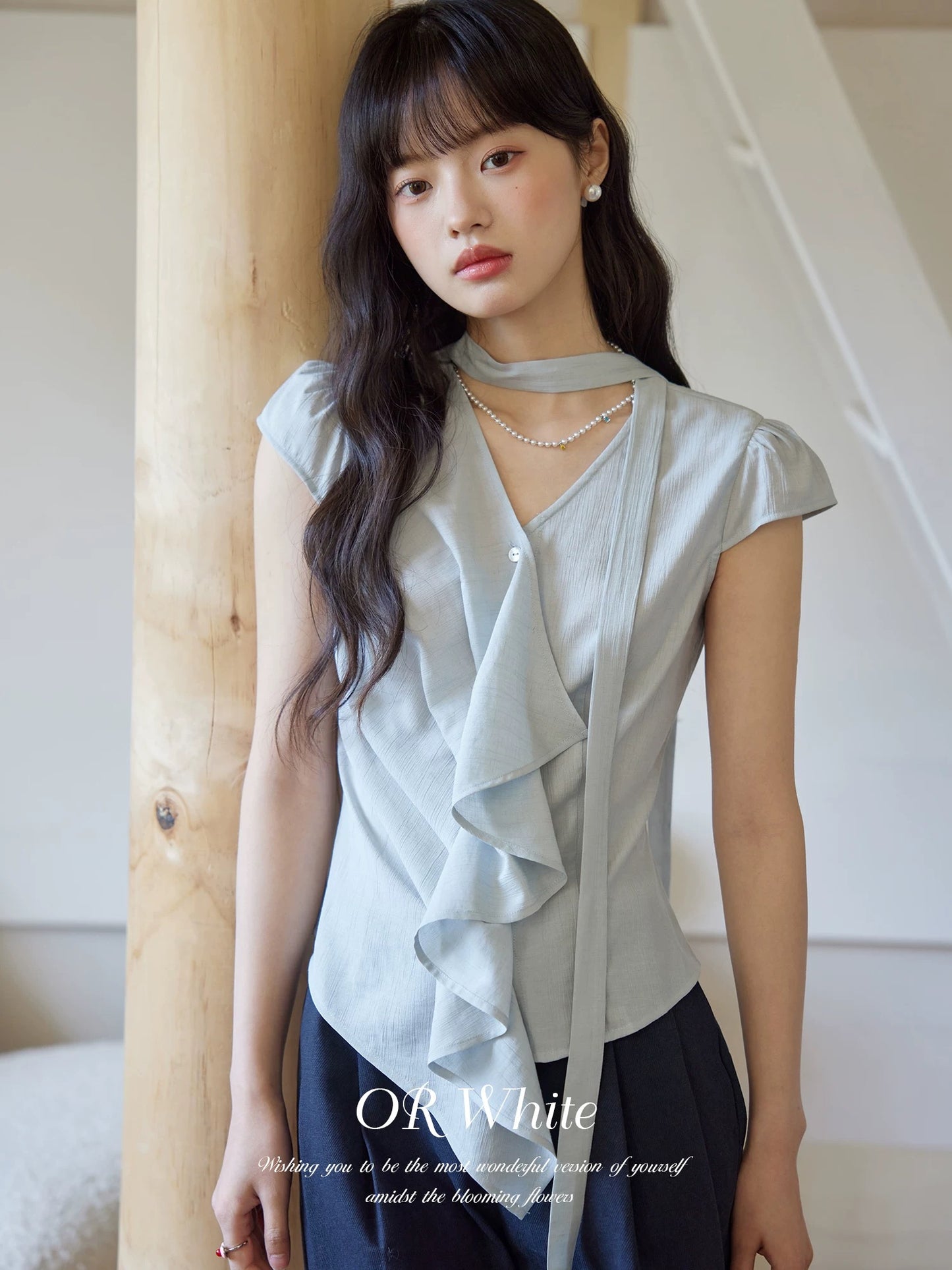 ORWhite2025 Summer French Retro Striped Shirt Women's V-Neck Flying Sleeves Ribbon Lace-Up Design Top