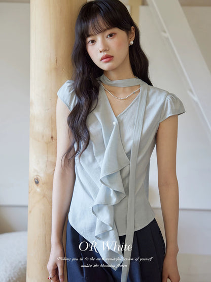 ORWhite2025 Summer French Retro Striped Shirt Women's V-Neck Flying Sleeves Ribbon Lace-Up Design Top