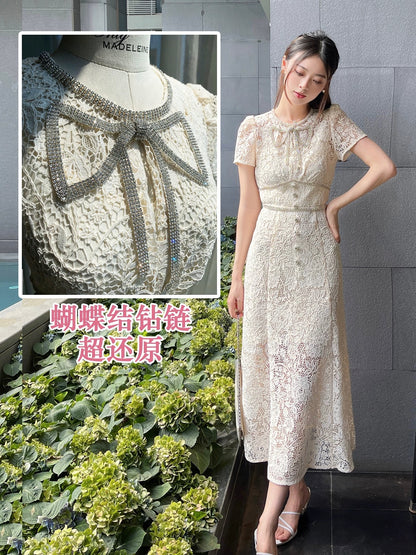 Tang Yixin's same style dress ivory white lace diamond embellished bow 2024 spring and summer women's high waist slim midi skirt