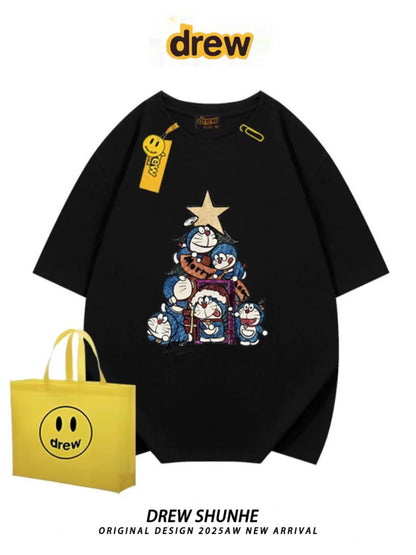 drew American trendy brand Doraemon cartoon short-sleeved T-shirt for men and women niche casual style loose student couple half-sleeved