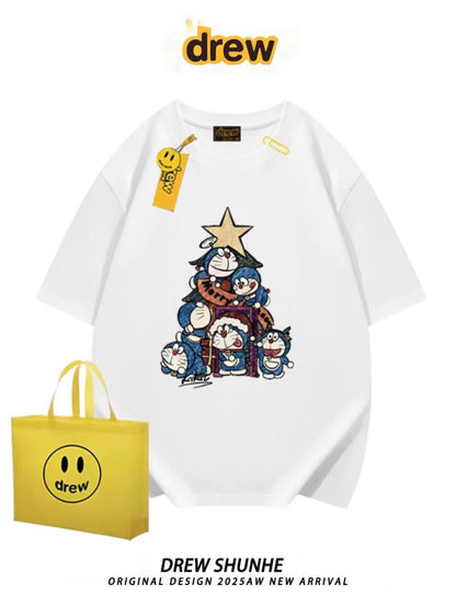 drew American trendy brand Doraemon cartoon short-sleeved T-shirt for men and women niche casual style loose student couple half-sleeved