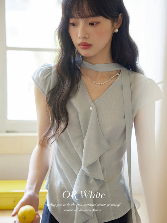 ORWhite2025 Summer French Retro Striped Shirt Women's V-Neck Flying Sleeves Ribbon Lace-Up Design Top