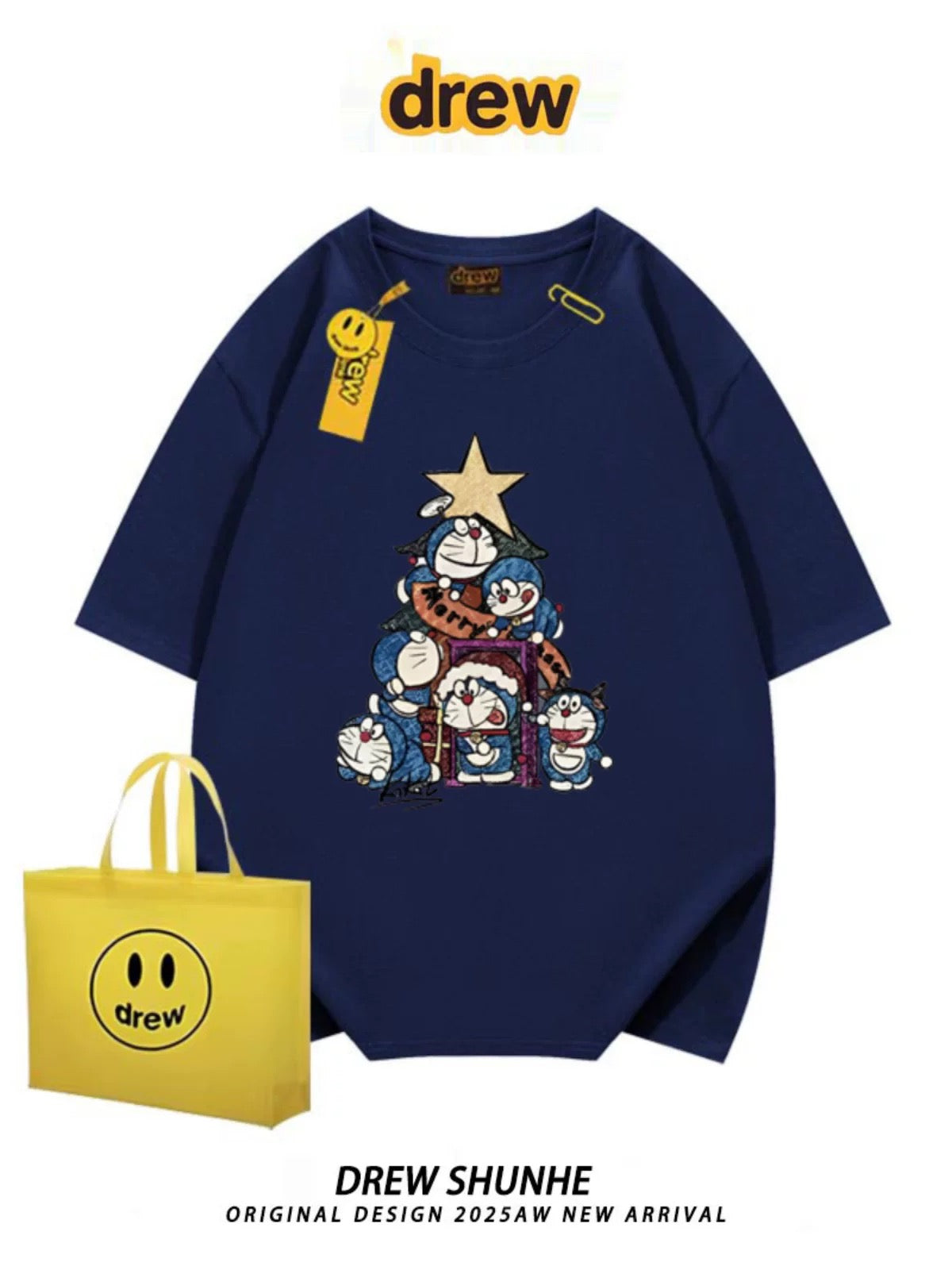 drew American trendy brand Doraemon cartoon short-sleeved T-shirt for men and women niche casual style loose student couple half-sleeved