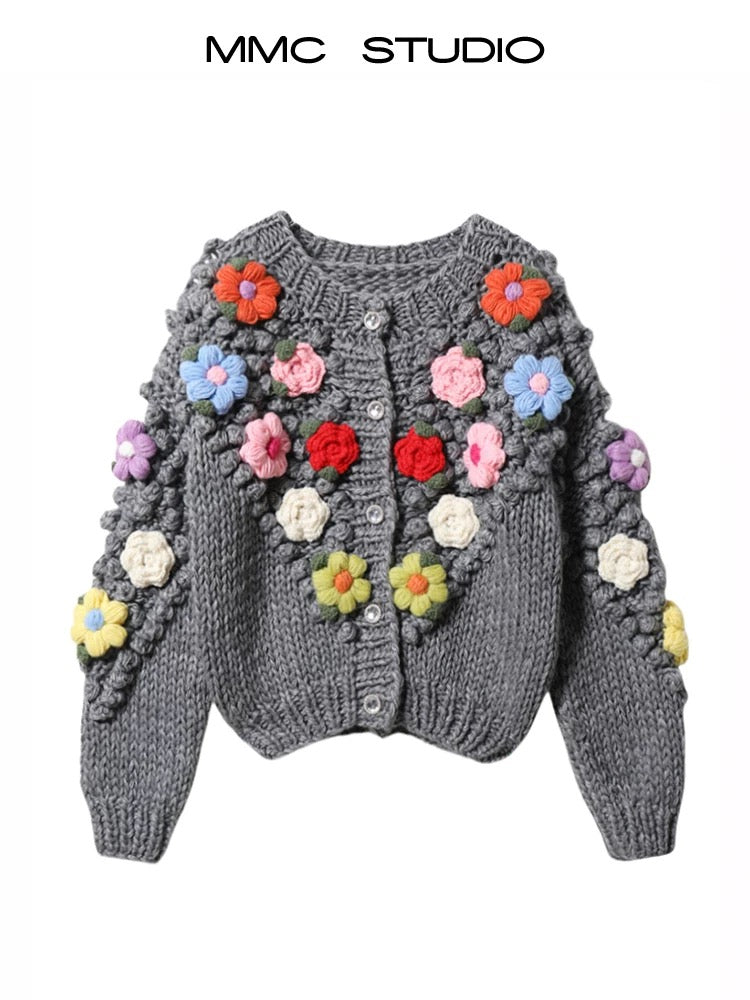 MMC retro handmade crochet sweater jacket women's colorful flower decoration gentle style loose knitted cardigan ins trend