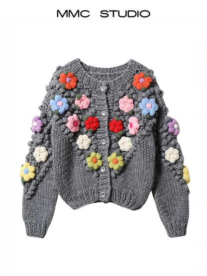 MMC retro handmade crochet sweater jacket women's colorful flower decoration gentle style loose knitted cardigan ins trend