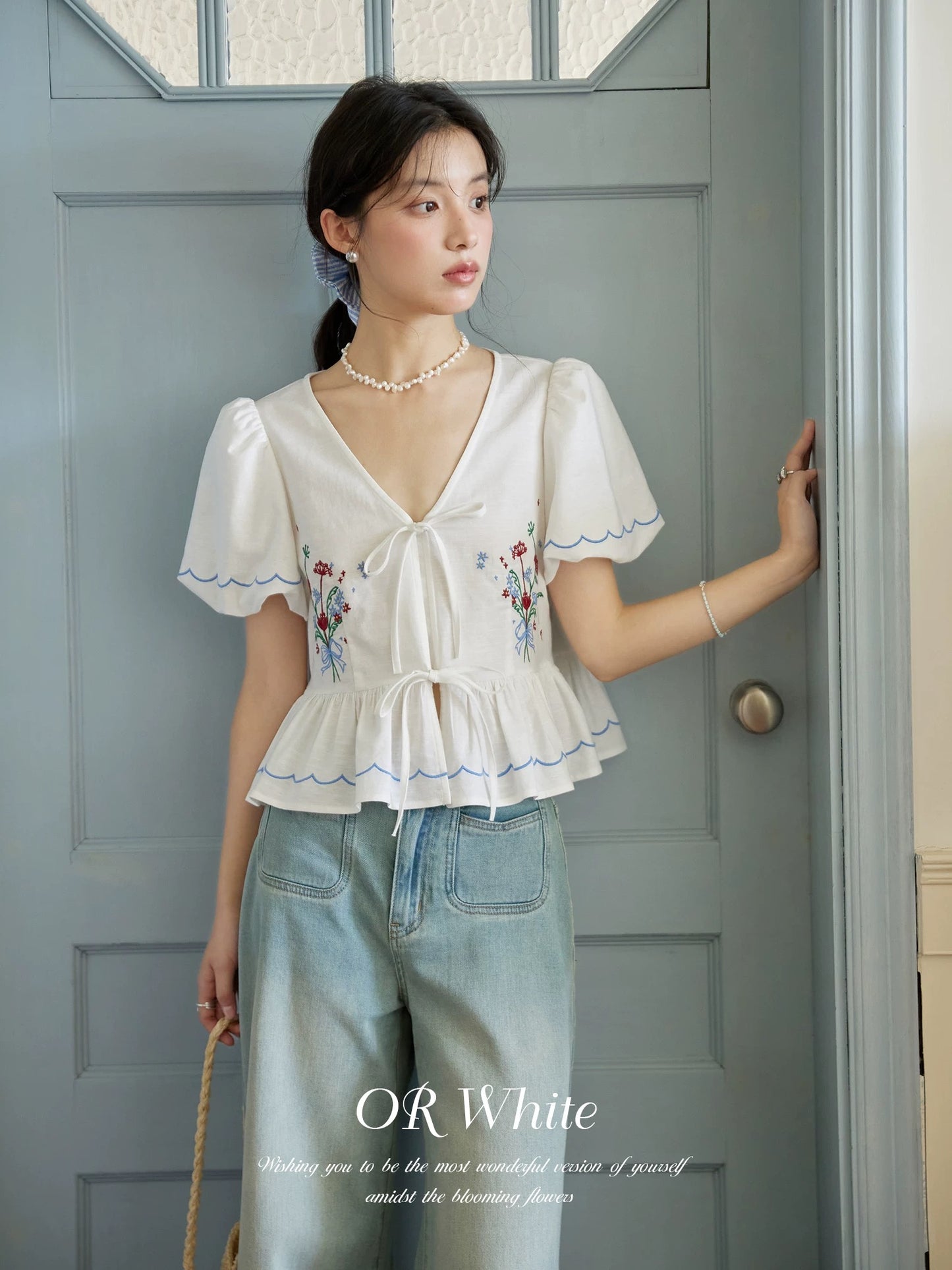 ORWhite 2025 Summer French Retro Short Sleeve Shirt Women's Short Embroidery Design White Commuter Top