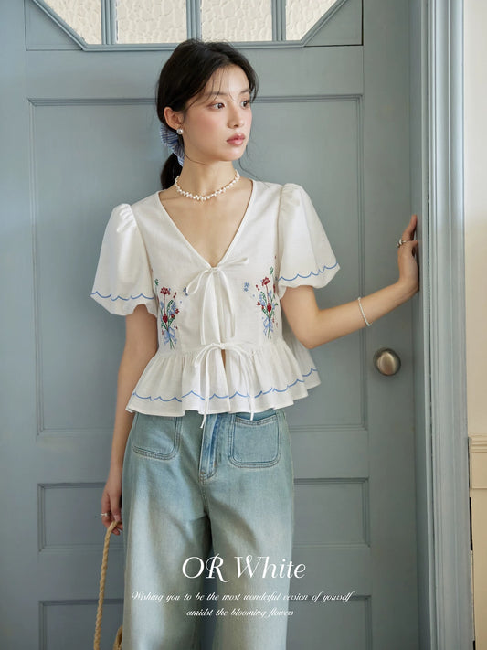 ORWhite 2025 Summer French Retro Short Sleeve Shirt Women's Short Embroidery Design White Commuter Top