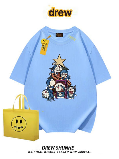 drew American trendy brand Doraemon cartoon short-sleeved T-shirt for men and women niche casual style loose student couple half-sleeved