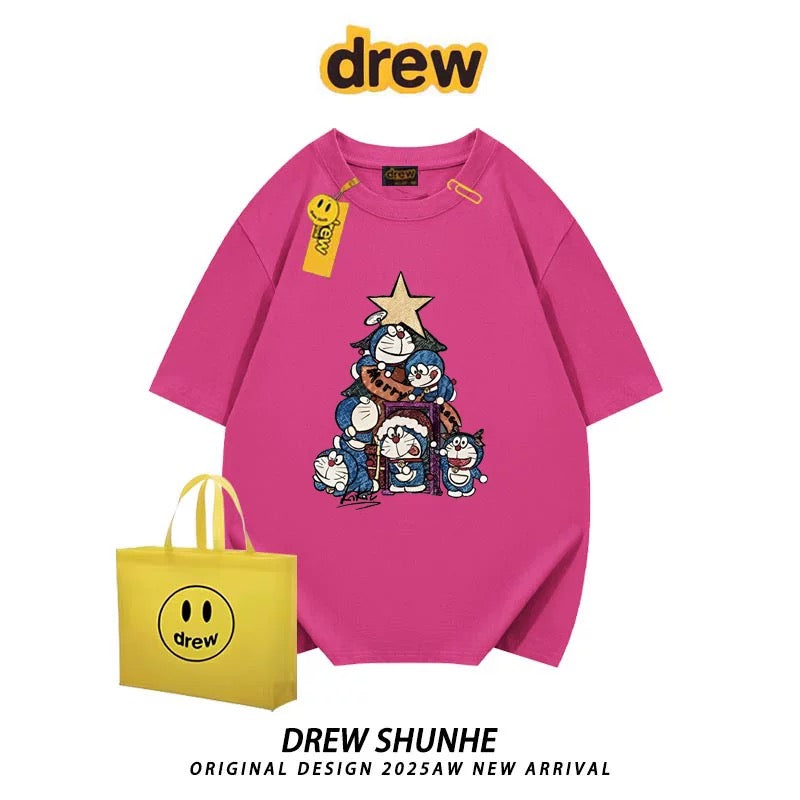 drew American trendy brand Doraemon cartoon short-sleeved T-shirt for men and women niche casual style loose student couple half-sleeved