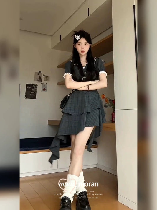Coffee Break French Doll Collar Plaid Dress for Women Summer Irregular Design Sweet and Spicy Waist Tail Cake Dress