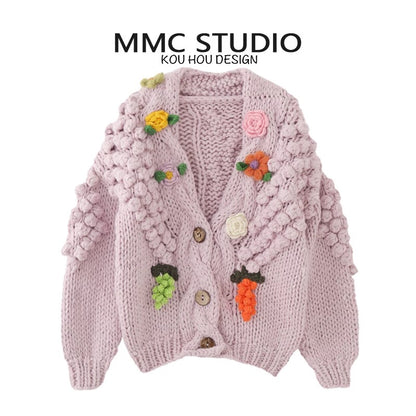 MMC French heavy industry hand-knitted thick needle three-dimensional ball flower grape V-neck knitted cardigan jacket sweater