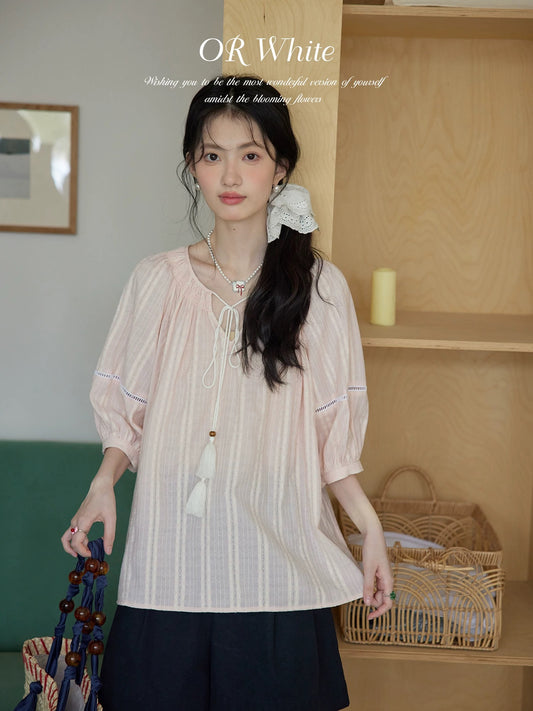 ORWhite 2025 Summer French Babydoll Shirt Women's Cotton Rope Lace-up A-line Short Shirt Retro Sweet Girl