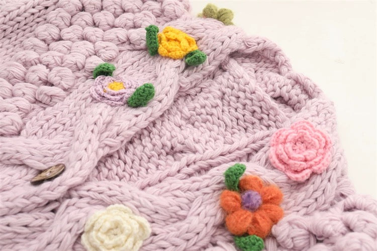 MMC French heavy industry hand-knitted thick needle three-dimensional ball flower grape V-neck knitted cardigan jacket sweater
