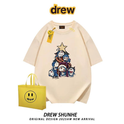 drew American trendy brand Doraemon cartoon short-sleeved T-shirt for men and women niche casual style loose student couple half-sleeved