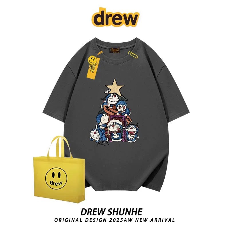 drew American trendy brand Doraemon cartoon short-sleeved T-shirt for men and women niche casual style loose student couple half-sleeved