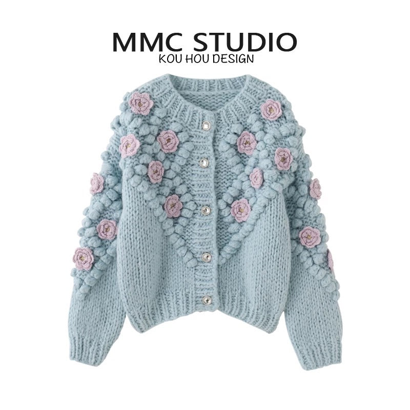 MMC 2024 new round neck thickened hand-crocheted wool ball thick needle stick knitted cardigan coat top sweater