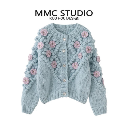 MMC 2024 new round neck thickened hand-crocheted wool ball thick needle stick knitted cardigan coat top sweater