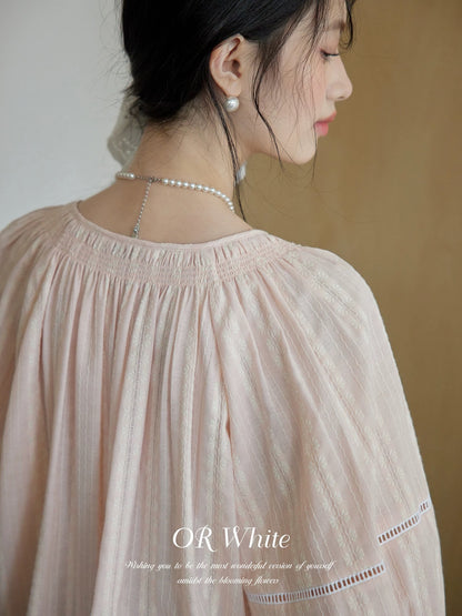 ORWhite 2025 Summer French Babydoll Shirt Women's Cotton Rope Lace-up A-line Short Shirt Retro Sweet Girl