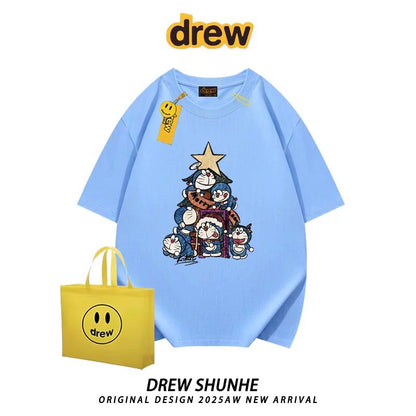 drew American trendy brand Doraemon cartoon short-sleeved T-shirt for men and women niche casual style loose student couple half-sleeved