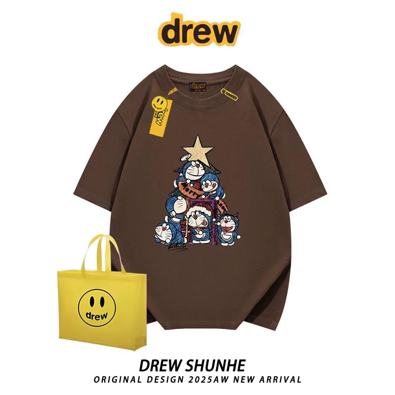 drew American trendy brand Doraemon cartoon short-sleeved T-shirt for men and women niche casual style loose student couple half-sleeved
