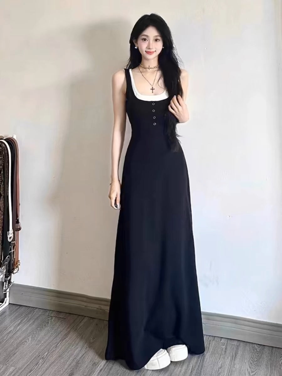 French Hepburn style black fake two-piece suspender dress women's summer design niche age-reducing slimming long skirt