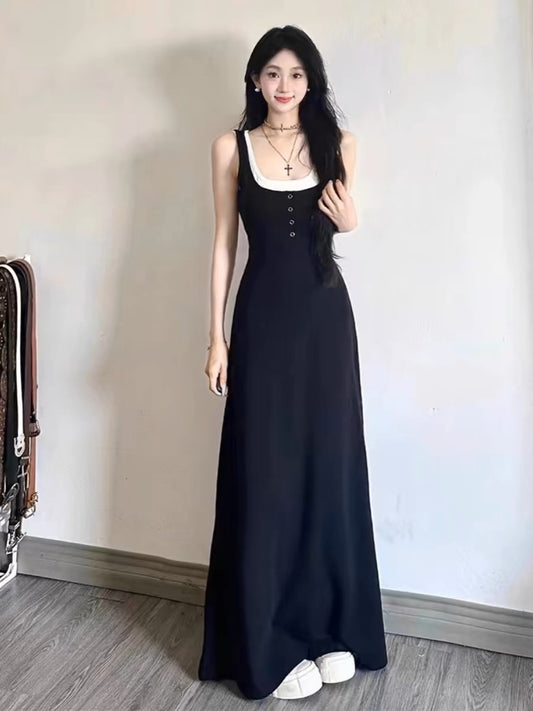 French Hepburn style black fake two-piece suspender dress women's summer design niche age-reducing slimming long skirt