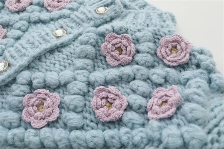 MMC 2024 new round neck thickened hand-crocheted wool ball thick needle stick knitted cardigan coat top sweater