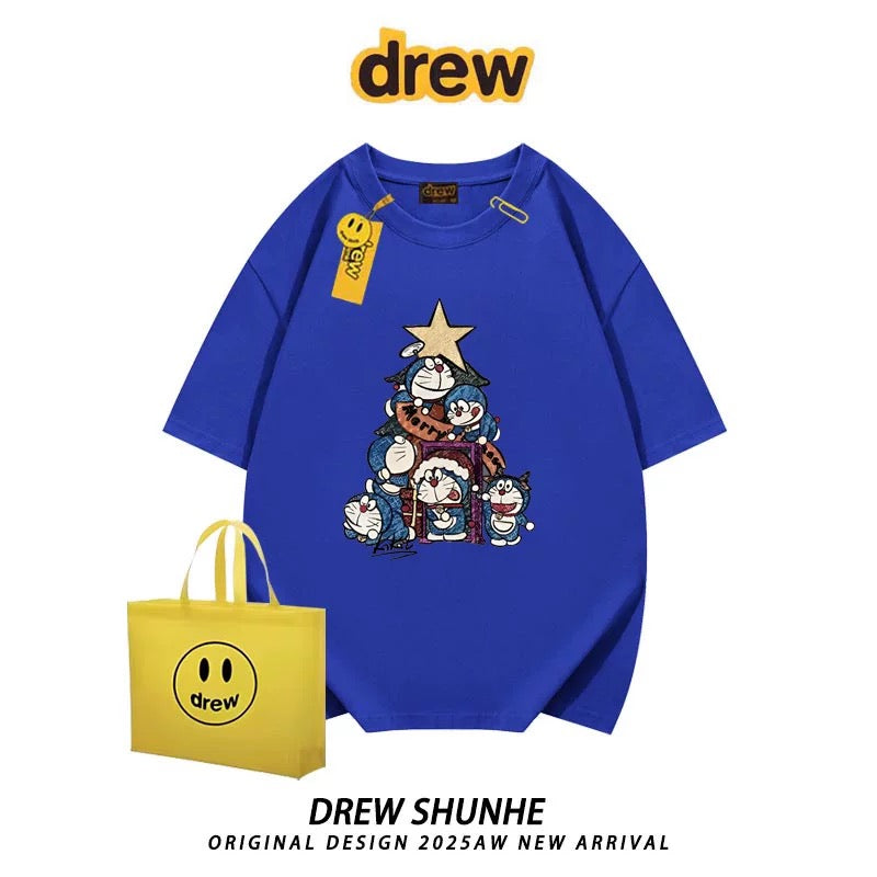 drew American trendy brand Doraemon cartoon short-sleeved T-shirt for men and women niche casual style loose student couple half-sleeved
