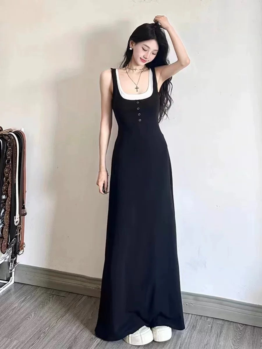 French Hepburn style black fake two-piece suspender dress women's summer design niche age-reducing slimming long skirt