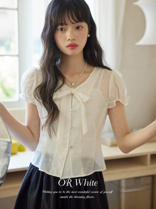 ORWhite French retro embroidered shirt female V-neck hollow three-dimensional design lace-up short sleeve summer thin style