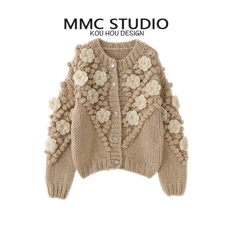 MMC Heavy Industry Stick Needle Thick Thread Fully Handmade Hand-tagged Three-dimensional Flower Ball Knitted Cardigan Jacket Thick Sweater