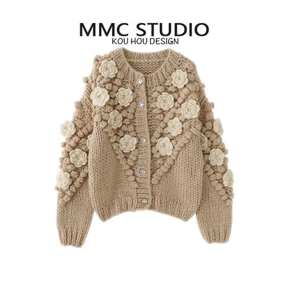 MMC Heavy Industry Stick Needle Thick Thread Fully Handmade Hand-tagged Three-dimensional Flower Ball Knitted Cardigan Jacket Thick Sweater