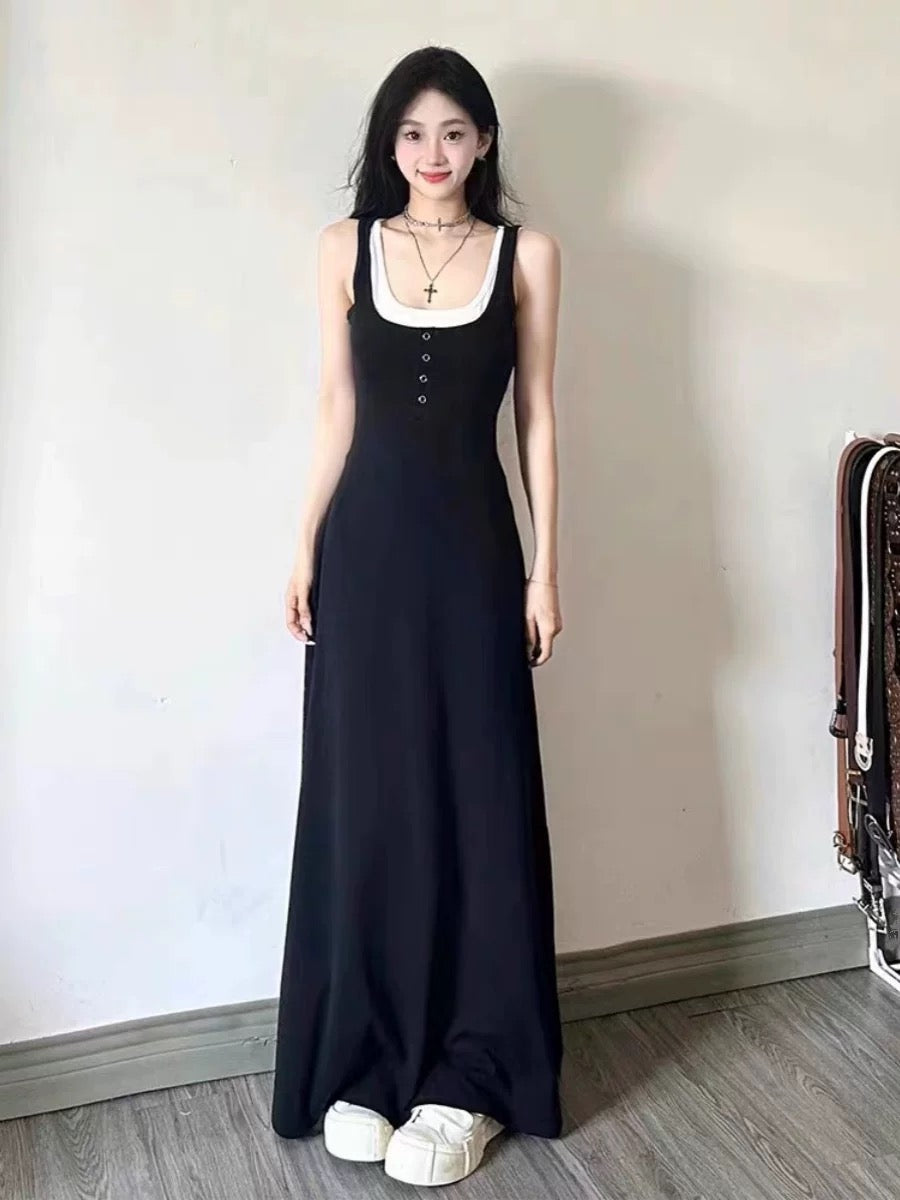 French Hepburn style black fake two-piece suspender dress women's summer design niche age-reducing slimming long skirt